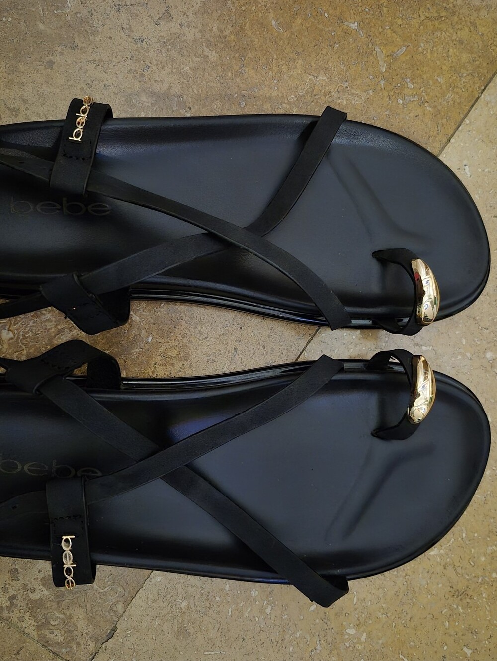 bebe Black Strappy Toe-Ring Sandals with Gold Hardware